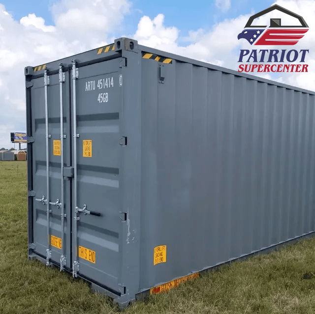 A patriotic supercenter logo is on the side of a shipping container