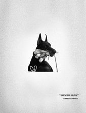 Black-and-white poster of a dog in profile with a bone in its mouth and a rope hanging down, on a white background