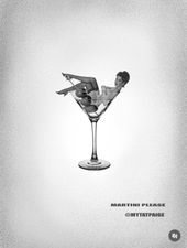 Man reclining in a martini glass on a white background, with small text below.