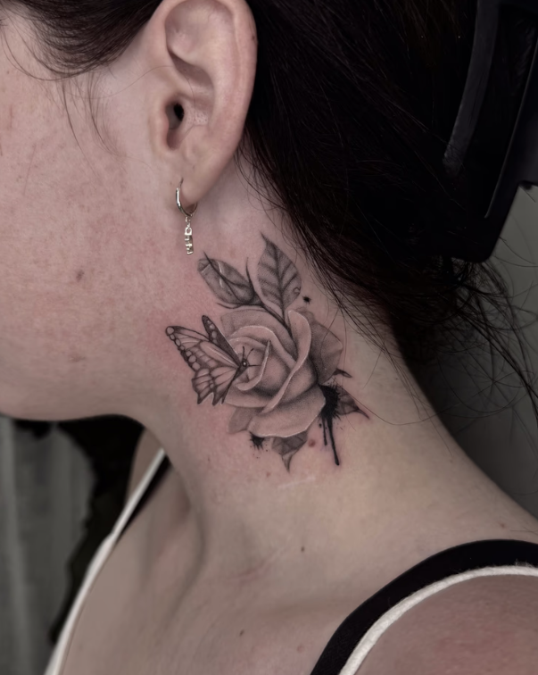 Neck Tattoo Of A Rose And Butterfly, Shaded In Black And Gray — Tattoo Inc Studio In Broadbeach, QLD