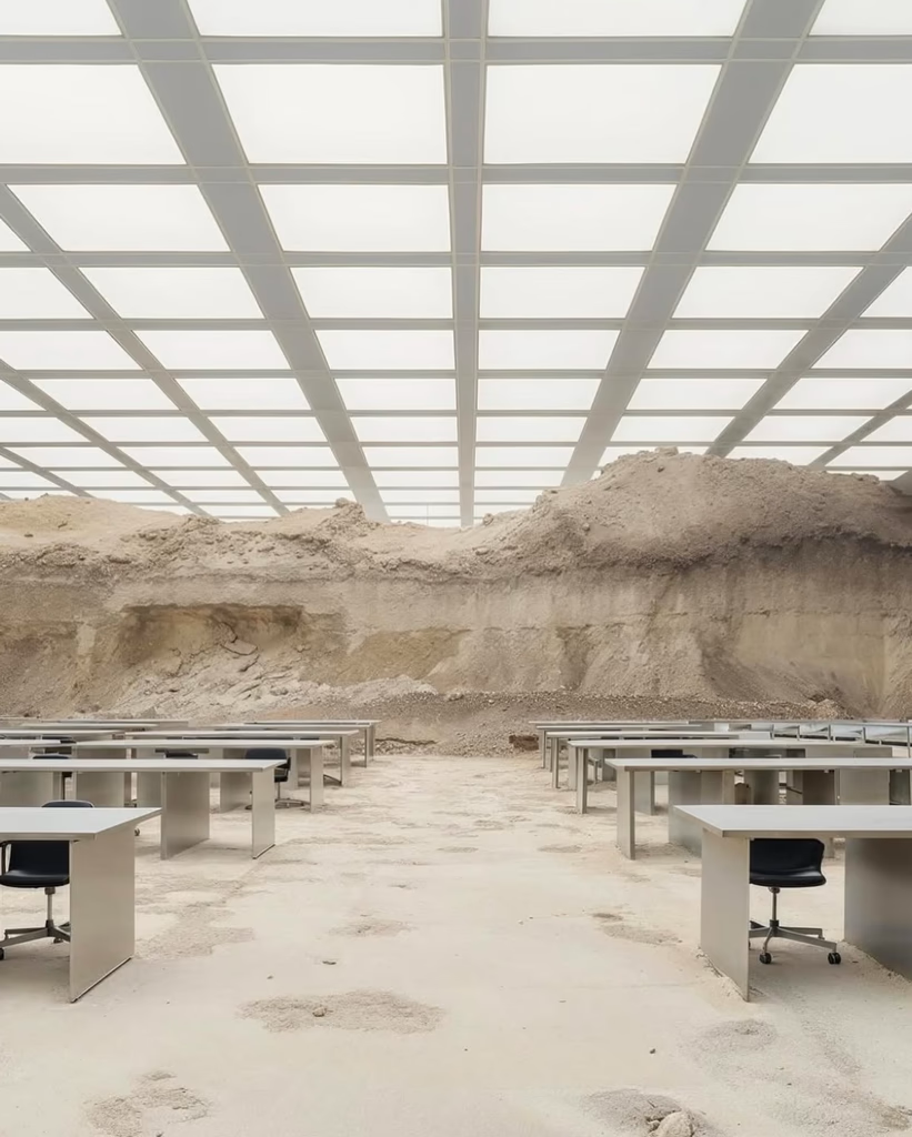 Office interior with desks and chairs. A rough, sandy backdrop contrasts with a grid-lit ceiling.