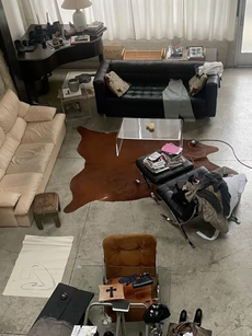 Overhead view of a living room with various furniture, a rug, and personal belongings.