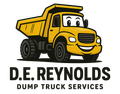Yellow cartoon dump truck with smiling face, "D.E. Reynolds Dump Truck Services" text below.