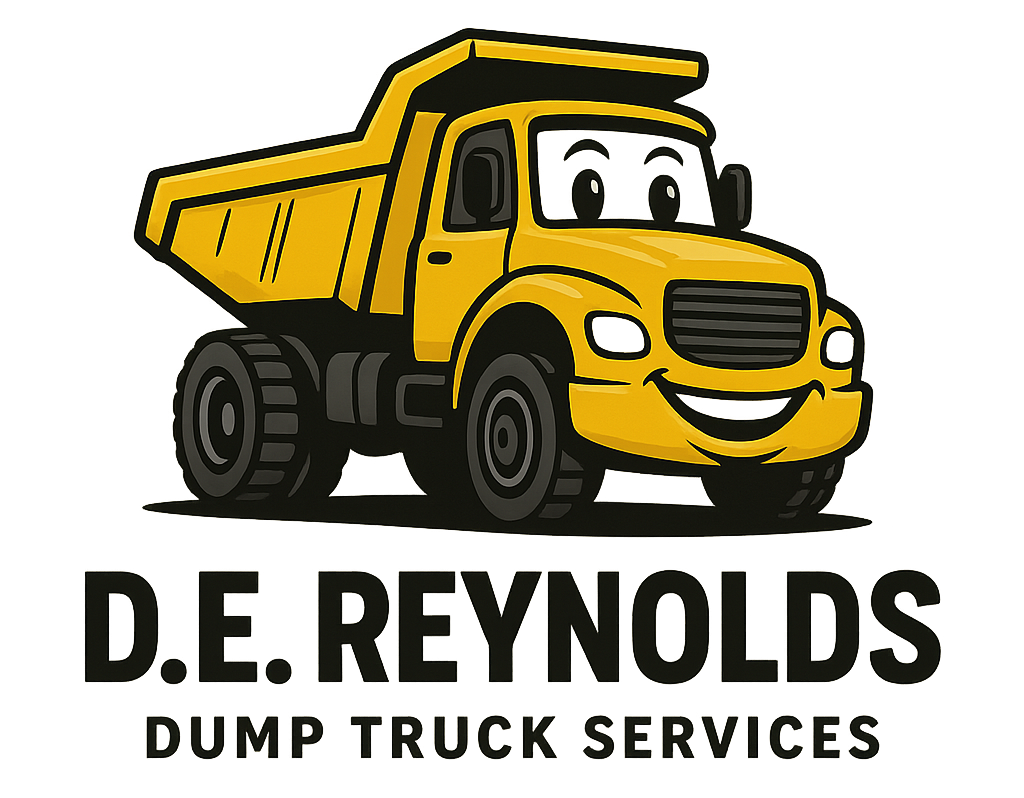 Yellow cartoon dump truck with smiling face, "D.E. Reynolds Dump Truck Services" text below.
