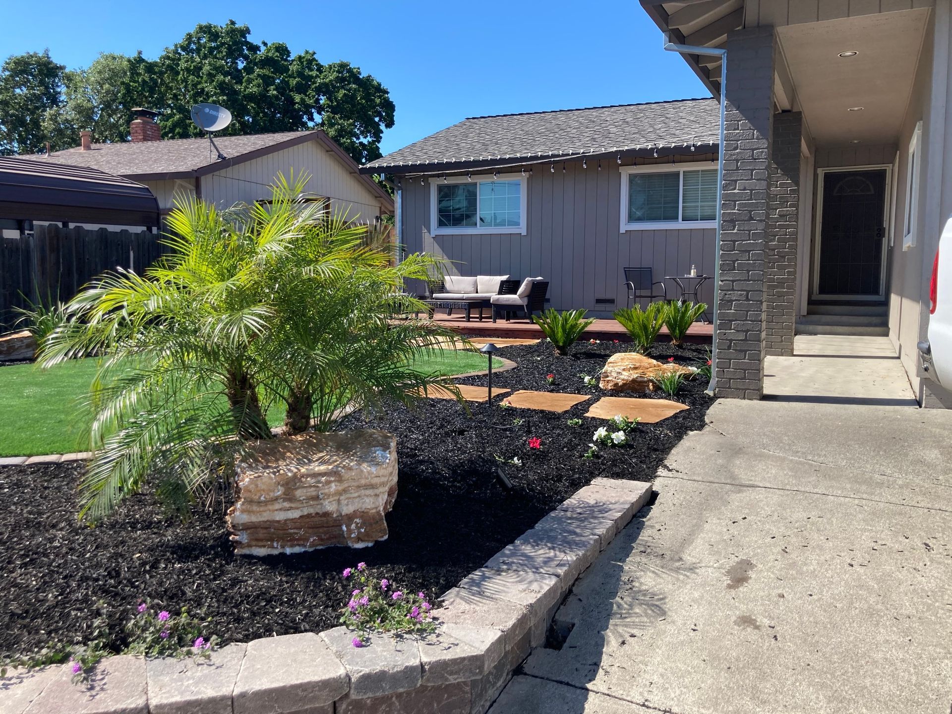 Landscaped yard with palm tree, black mulch, and patio furniture.