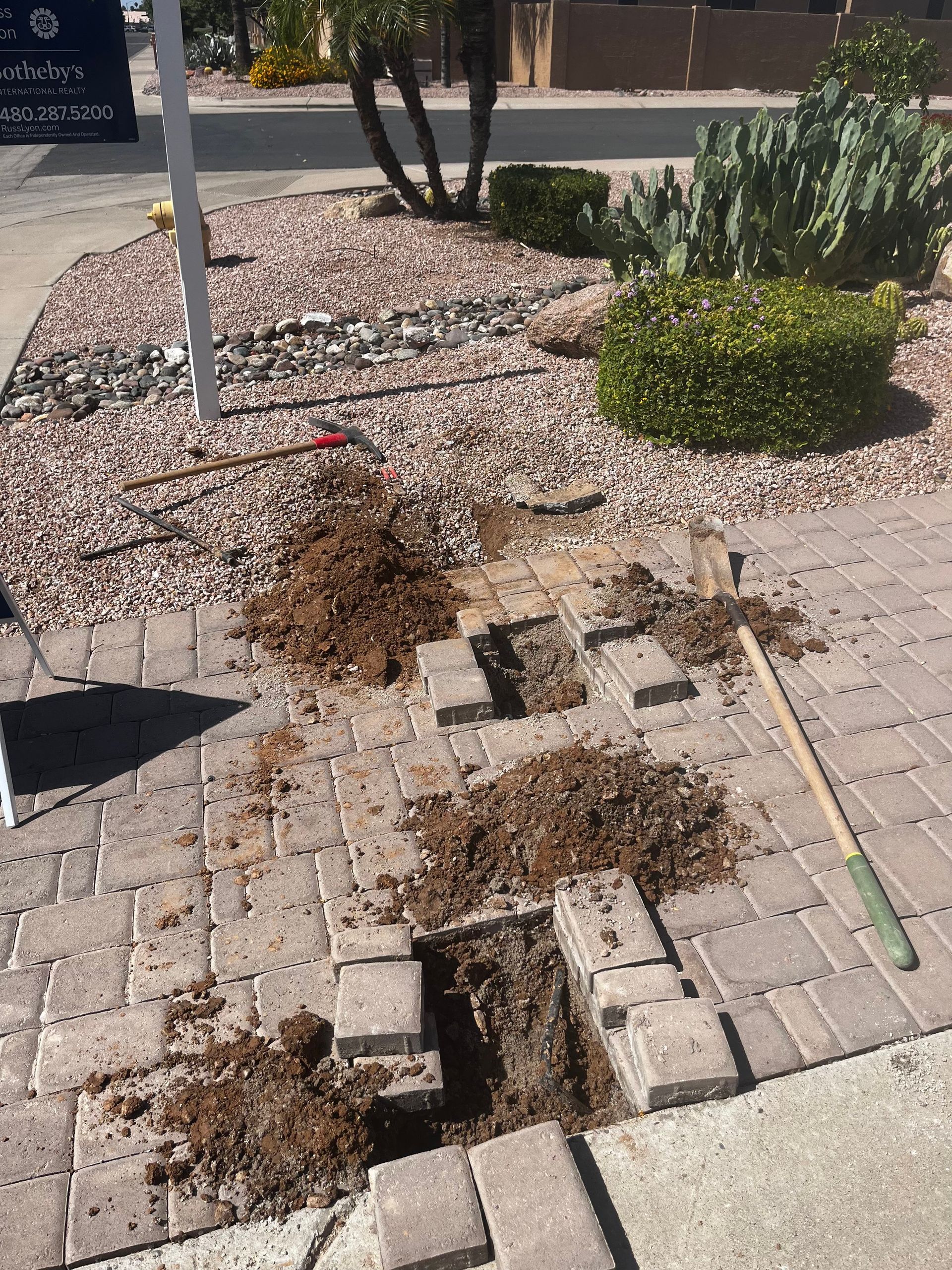 Brick walkway with several open holes, dirt piles, and tools in front of a yard.