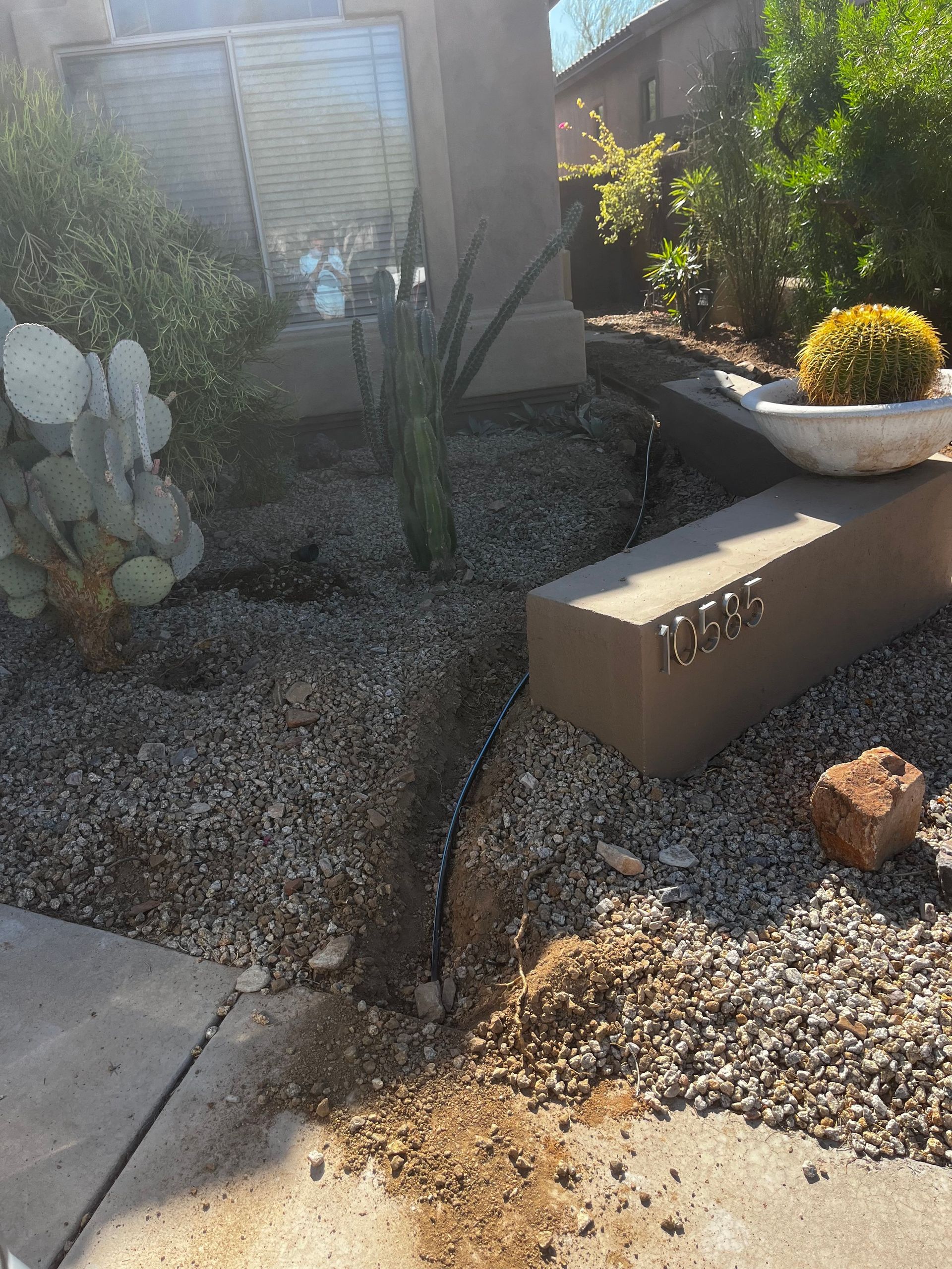Front yard with gravel, plants, and address marker next to the sidewalk.