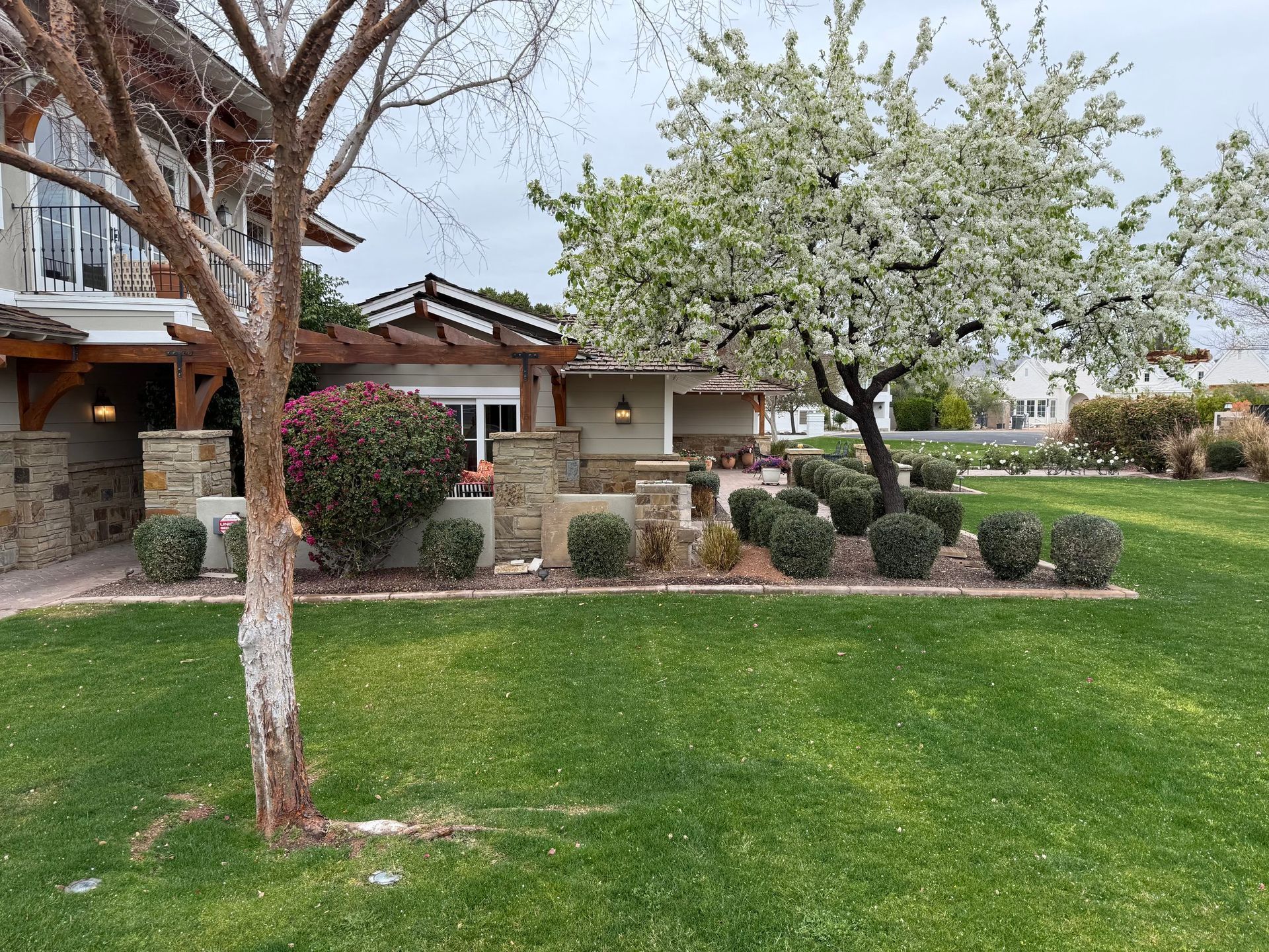 A house with a lawn and blooming tree, featuring stone walls, green shrubs, and a cloudy sky.