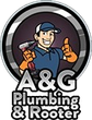 Cartoon plumber holding a drill with a thumbs-up, logo for "A&G Plumbing & Rooter."
