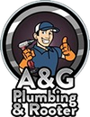 Cartoon plumber holding a drill with a thumbs-up, logo for "A&G Plumbing & Rooter."