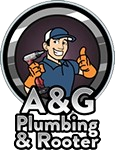 Cartoon plumber holding a drill with a thumbs-up, logo for "A&G Plumbing & Rooter."