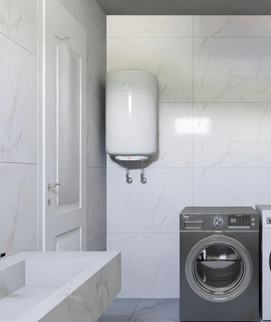 Bathroom with white walls, water heater, washing machine, and sink.