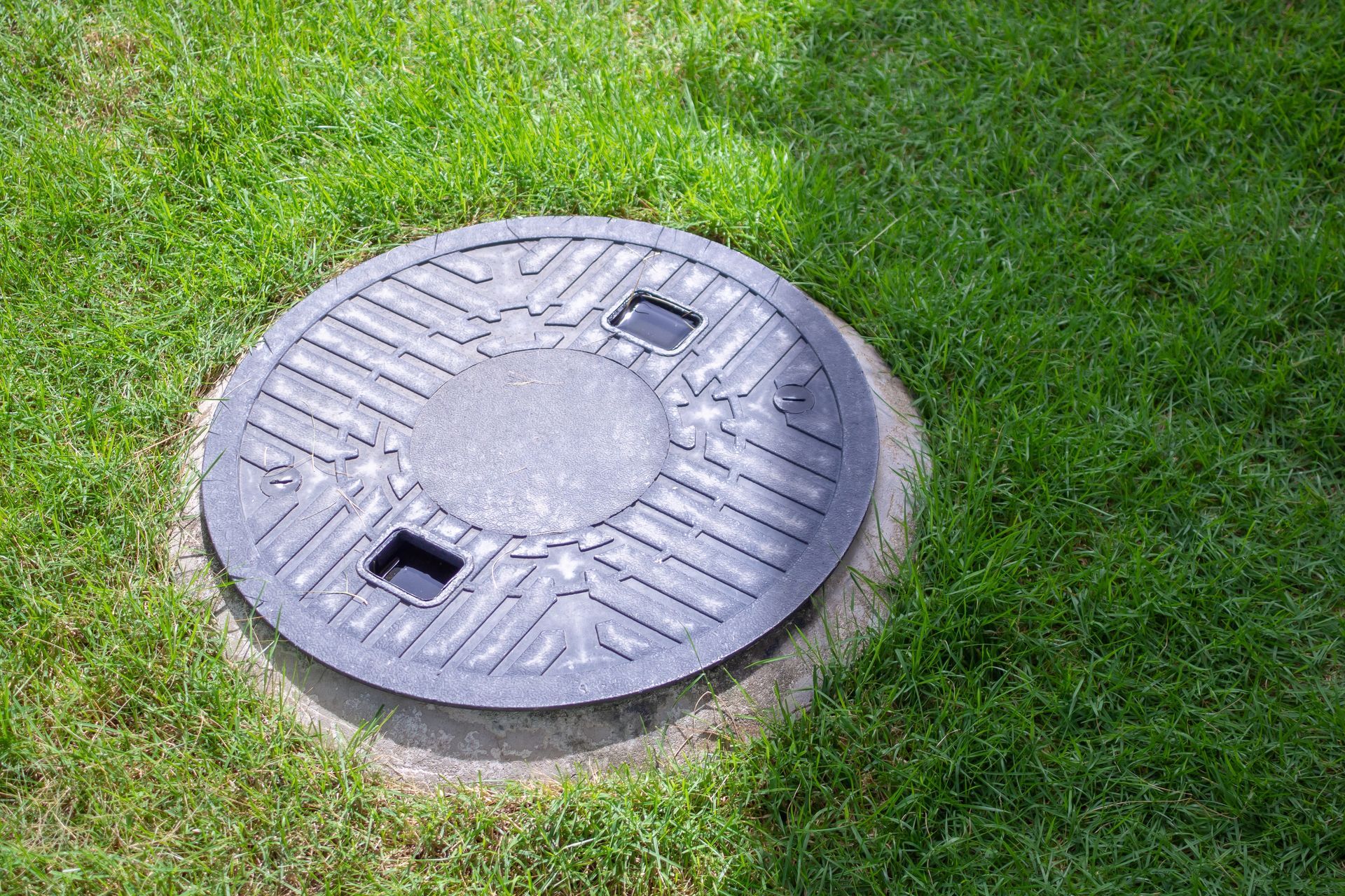 Black manhole cover set in green grass.
