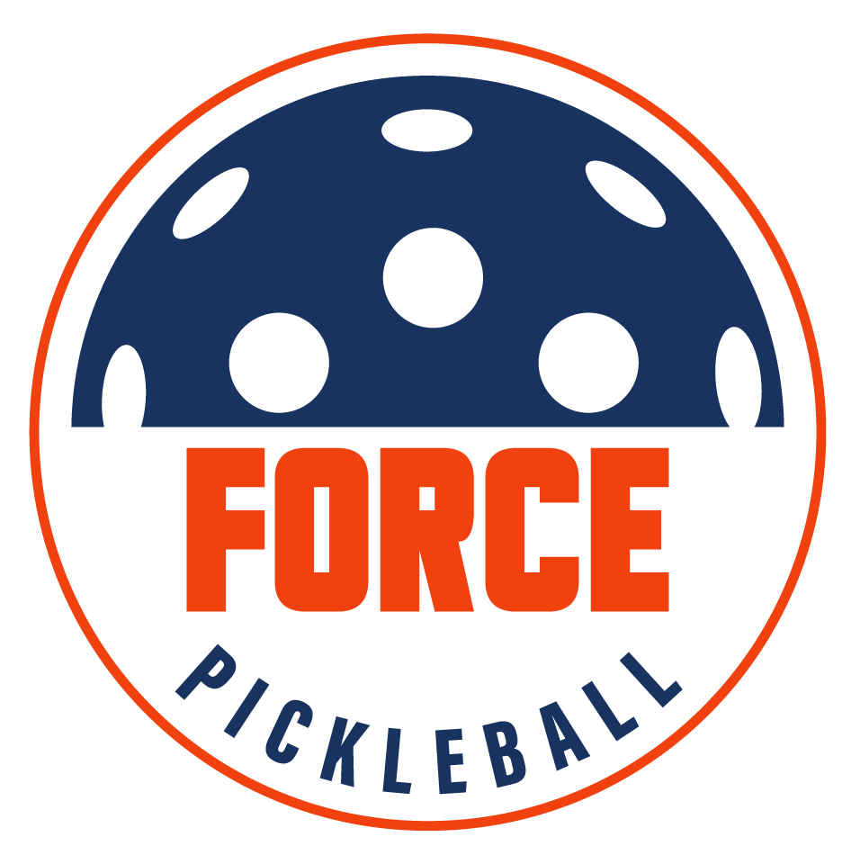 Logo for Force Pickleball: orange circle with a blue and white pickleball shape above the orange word