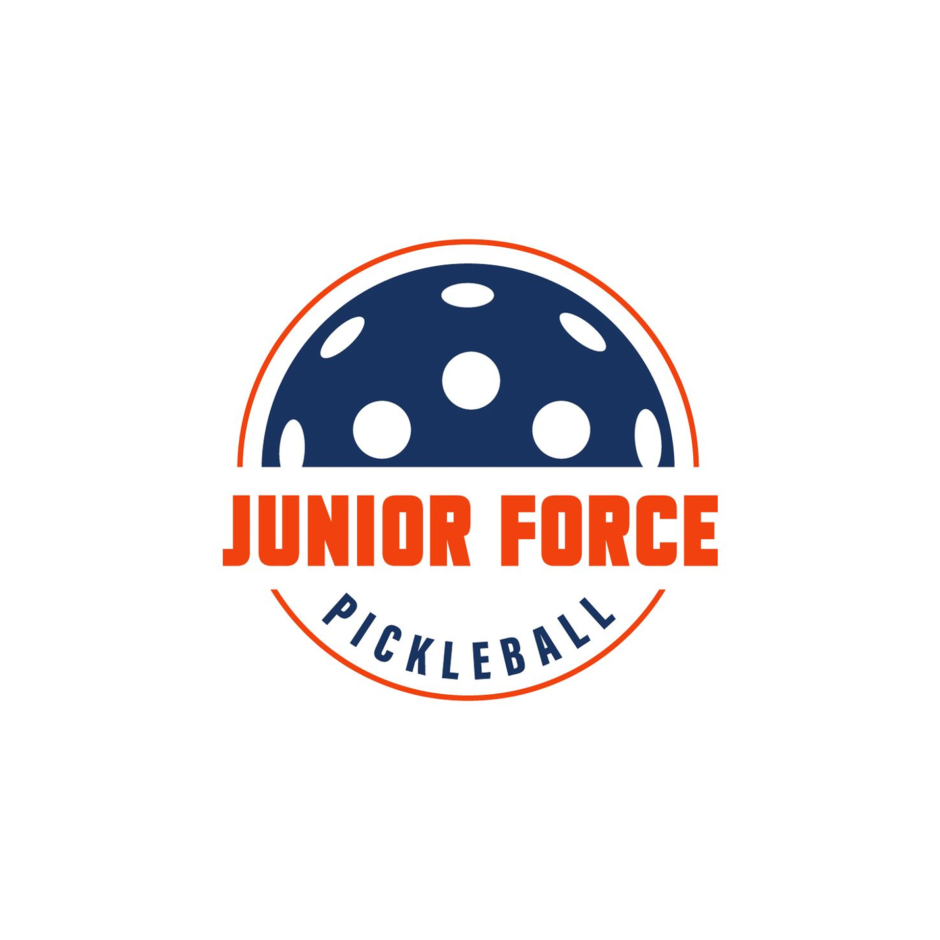 Logo for Junior Force Pickleball: blue and white pickleball with orange and blue text, 