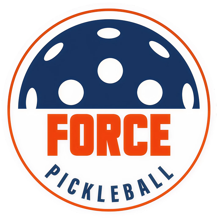 Logo for Force Pickleball: blue ball with holes over orange 