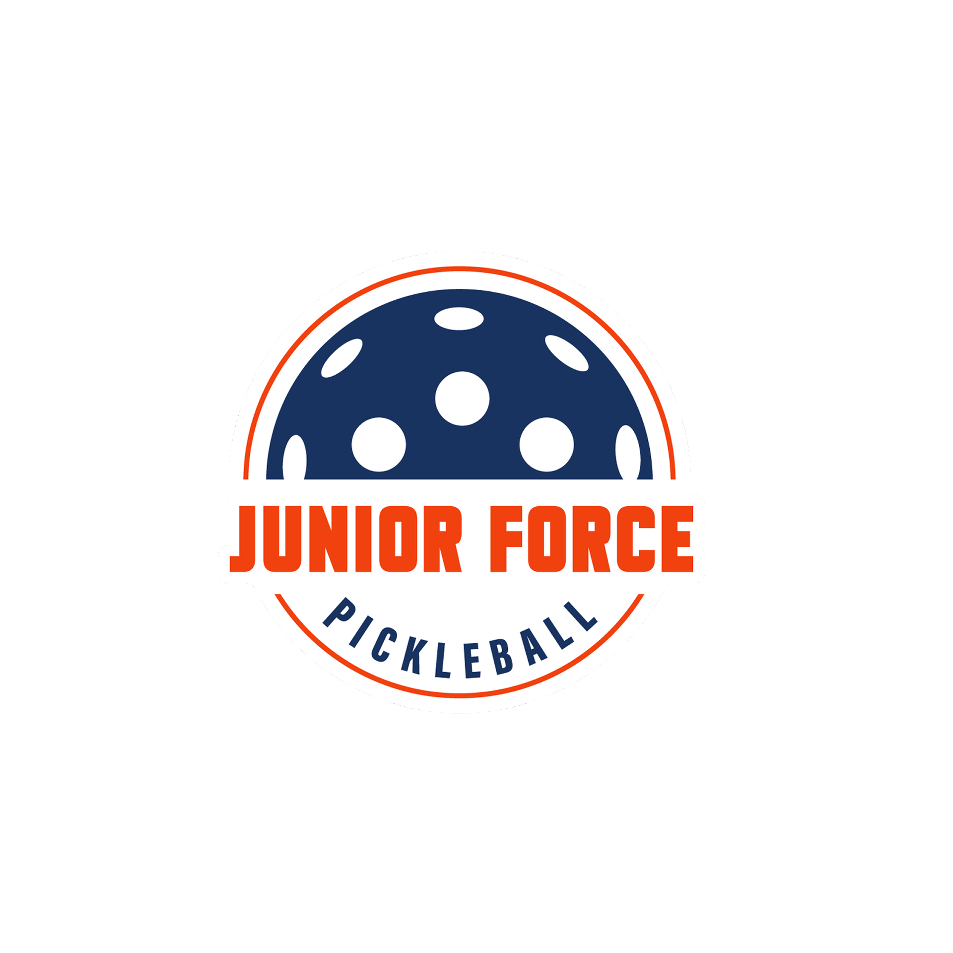 Logo for Junior Force Pickleball: blue and white pickleball with orange and blue text, 