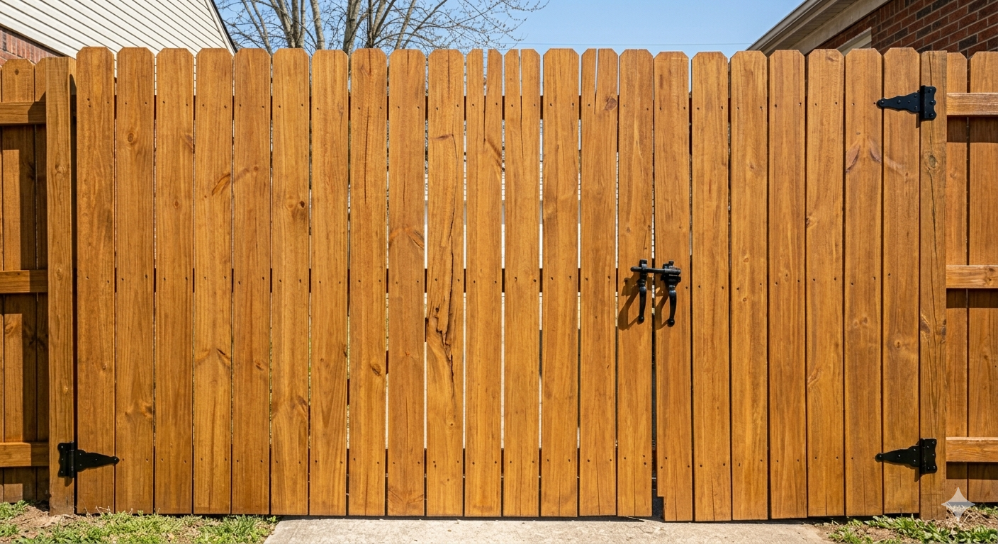 A double-gate wooden fence made of vertical brown stained planks with black hinges and a central latch painted exterior fence - Pro Era Painting Chicago