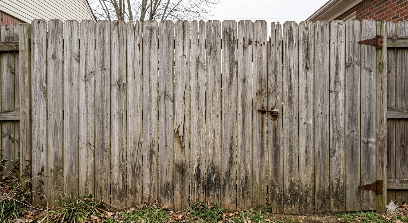 A weathered, gray wooden fence with vertical pickets and rusty metal gate hinges, situated outdoors. Painted exterior fence - Pro Era Painting Chicago