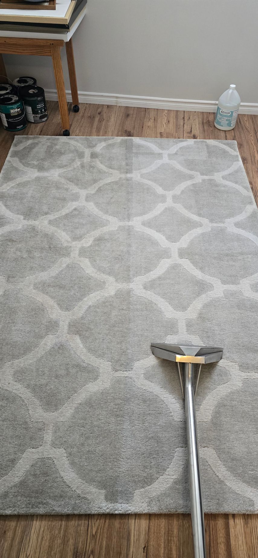 Carpet being cleaned, showing a contrast between cleaned and uncleaned areas. Gray rug, wooden floor.
