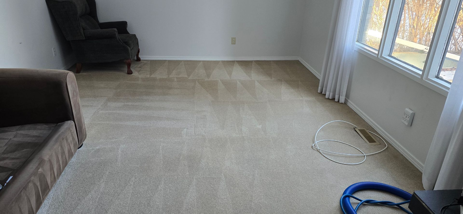 A room with a beige carpet, furniture, a window, and a coiled hose.