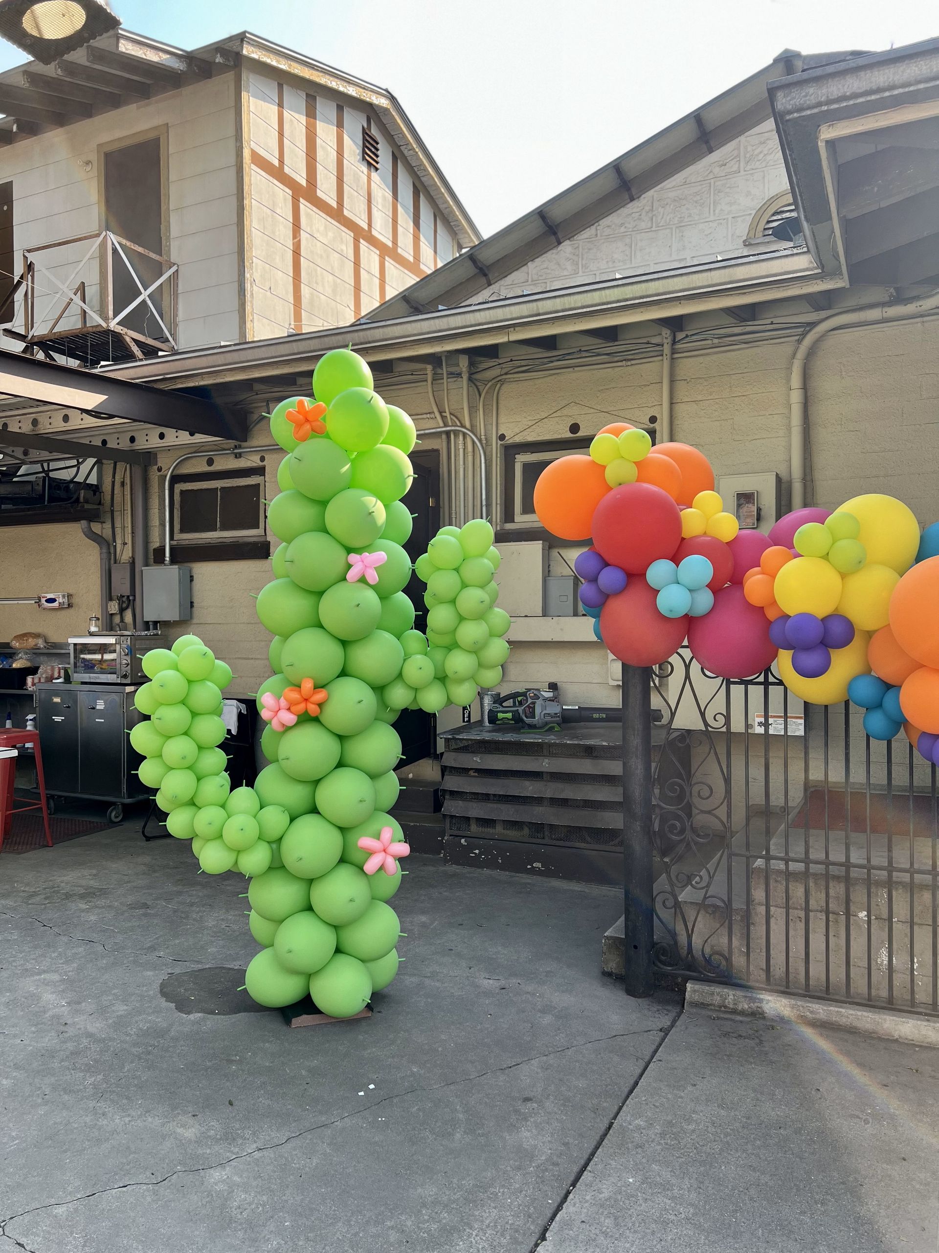 a cactus made out of balloons in front of a building
