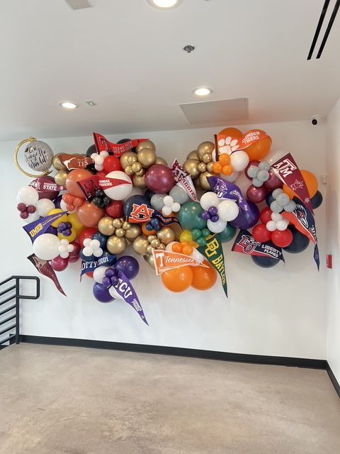 A bunch of balloons on a wall with one that says ' ucsd ' on it