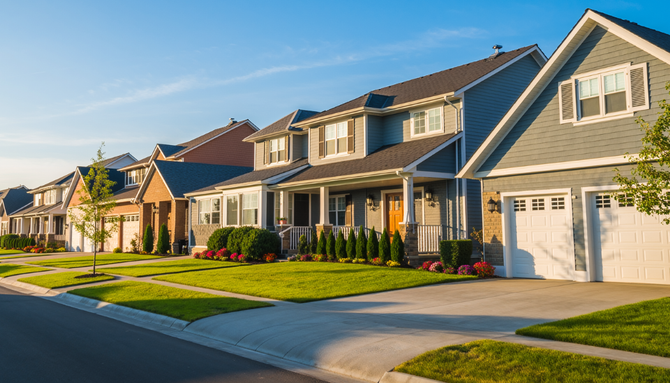 A row of suburban homes with gray siding, attached garages, and neatly manicured green lawns under a clear blue sky.