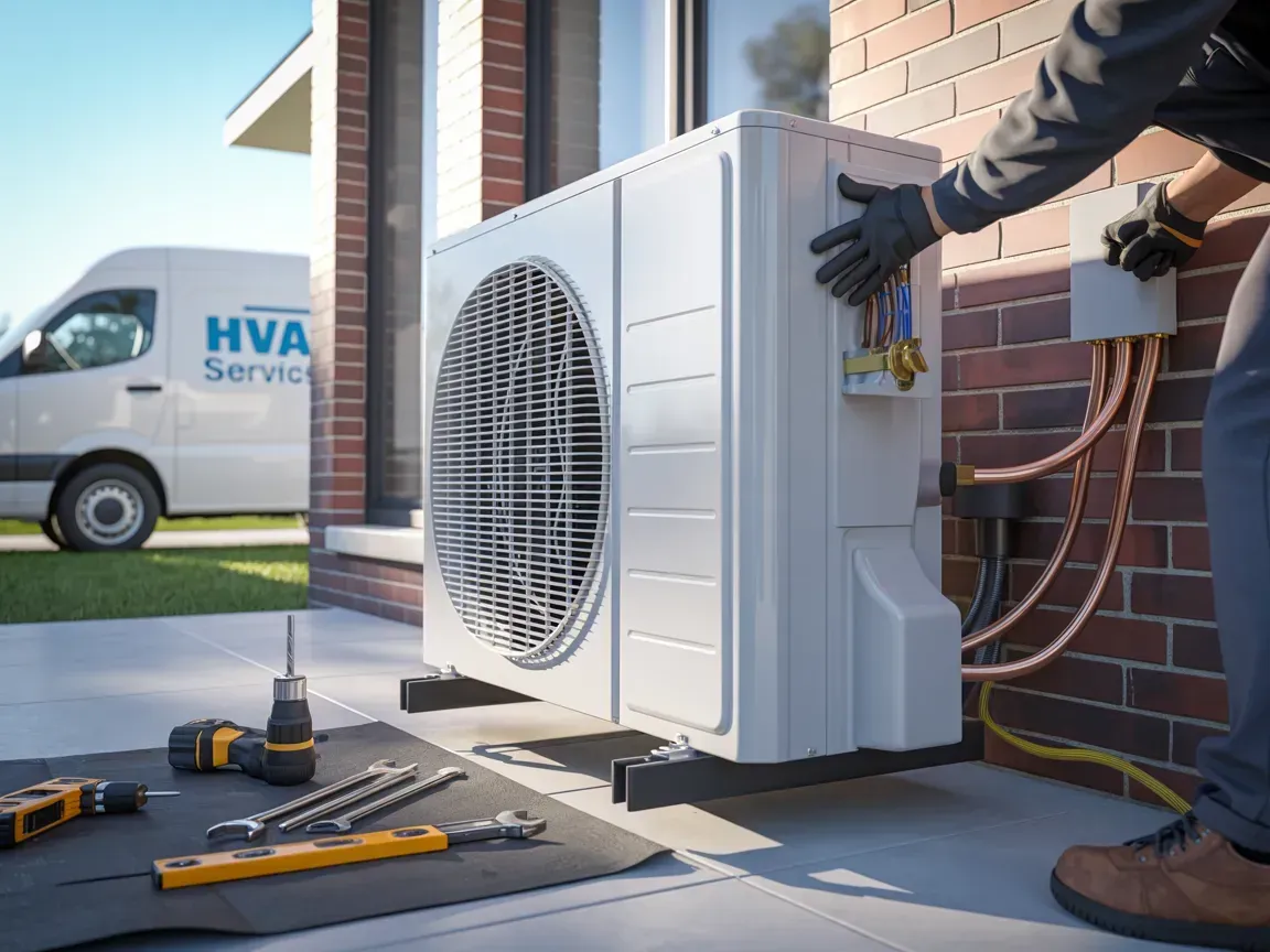 HVAC technician installs an air conditioning unit outside a brick building, tools laid out.
