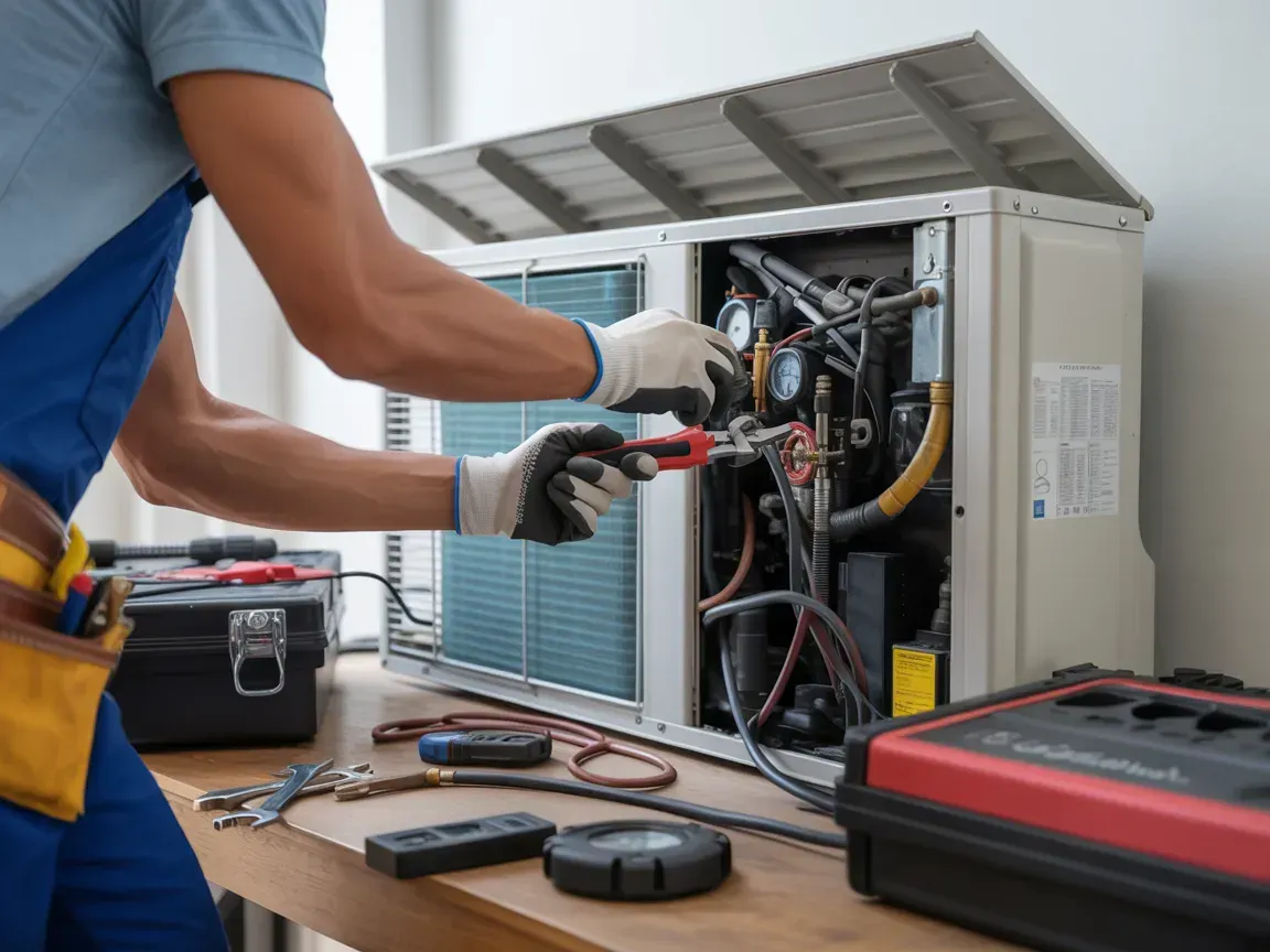 HVAC technician repairing an outdoor air conditioning unit with tools on a wooden table.