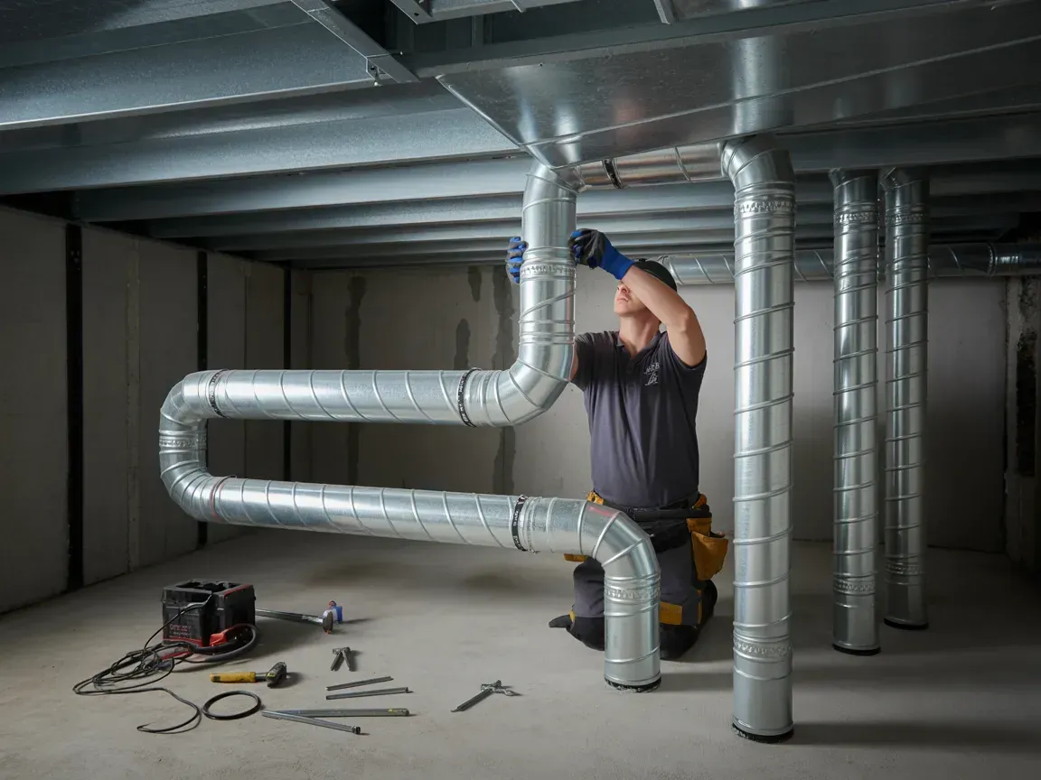 Man installing ductwork in a basement; silver metal pipes, gray walls, tools on floor.