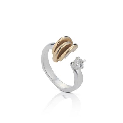 Silver, bronze and white topaz ring