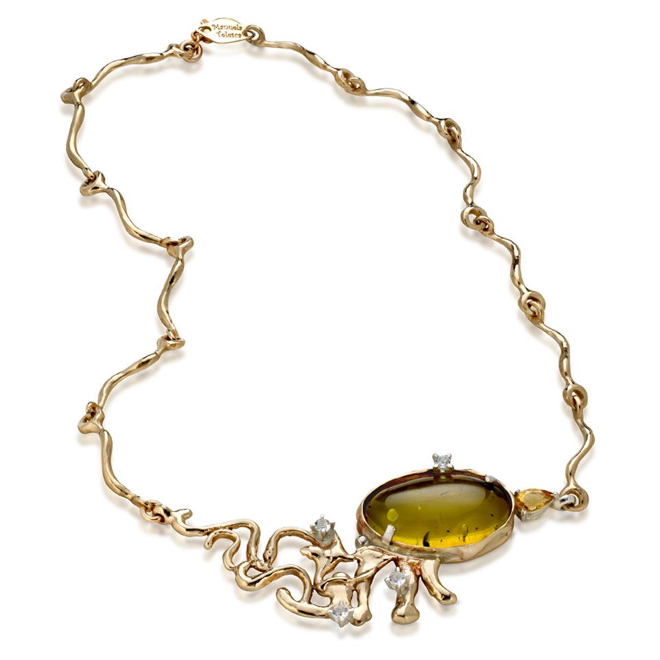 Collana in bronzo, argento, topazi bianchi, ambra e zaffiro