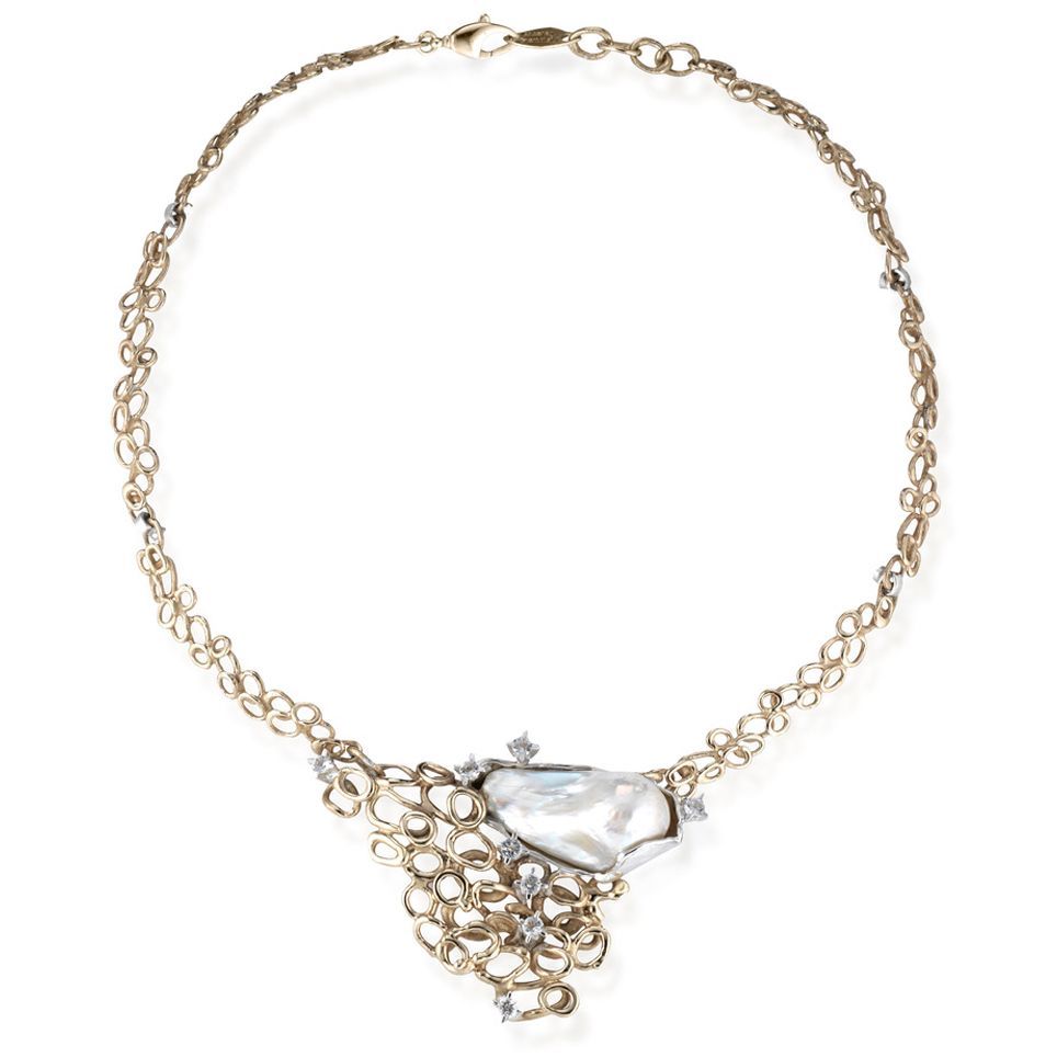Collana in bronzo, argento, perla e topazi bianchi
