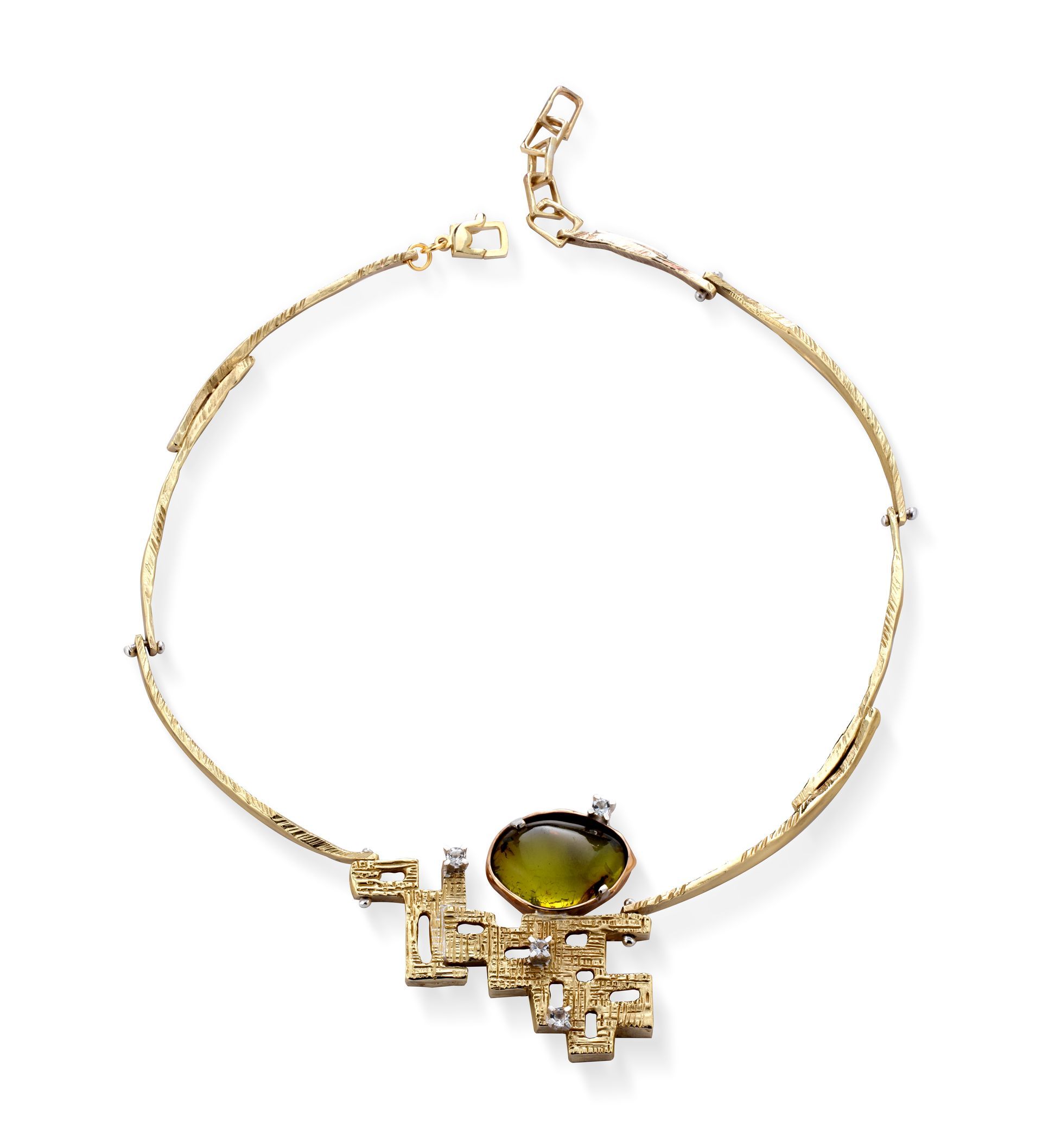 Collier in bronzo, argento, topazi e ambra verde