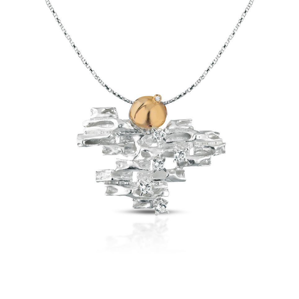 Pendente in argento, bronzo, diamante e topazi bianchi, con girocollo in argento