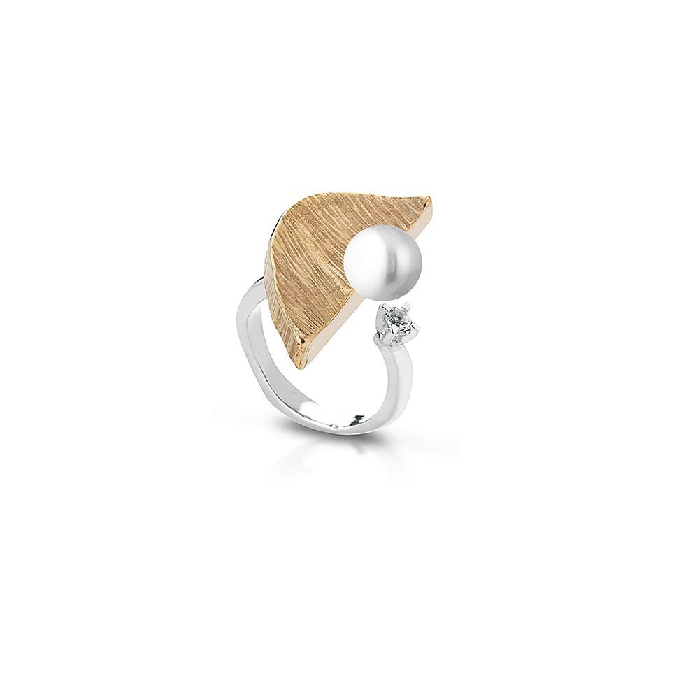 SILVER, BRONZE, PEARL AND WHITE TOPAZ RING