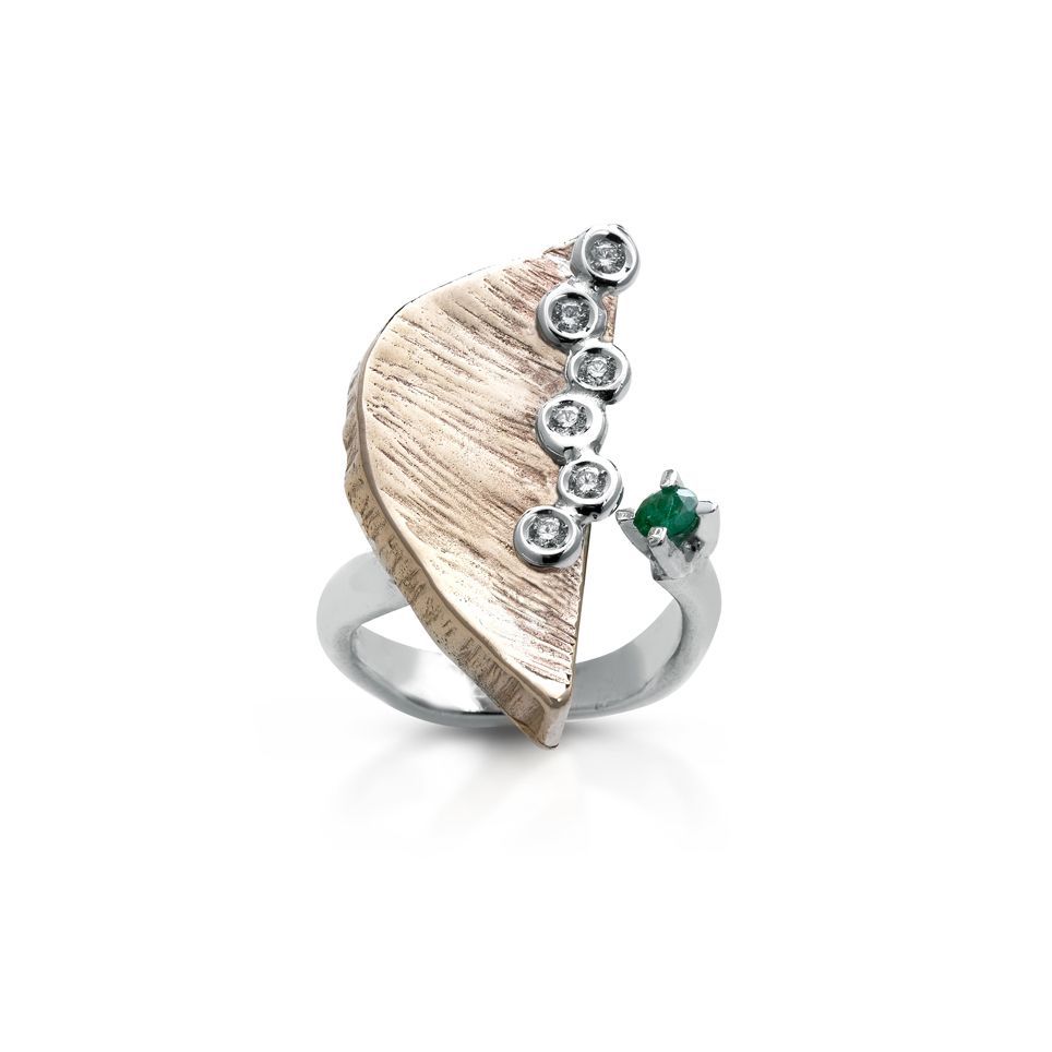 anello argento, bronzo, diamanti e smeraldo