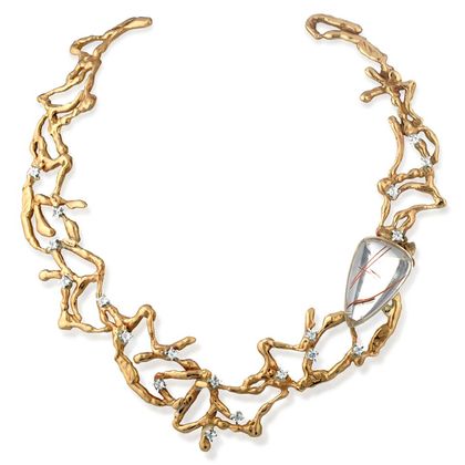 Collier in bronzo, argento, quarzo ialino e topazi bianchi