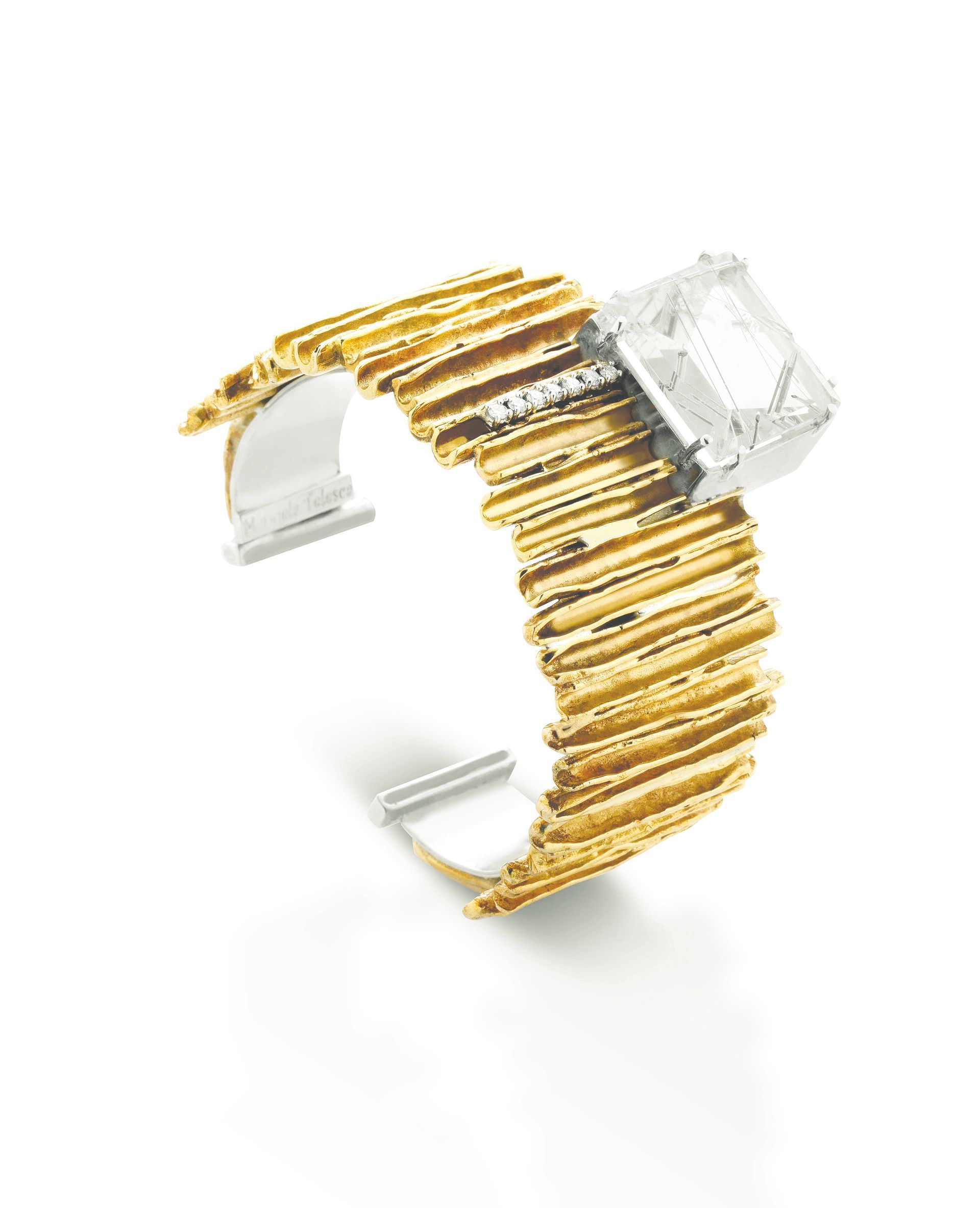 Bracciale in bronzo, argento, oro, quarzo e diamanti naturali con bagno oro 
18 carati