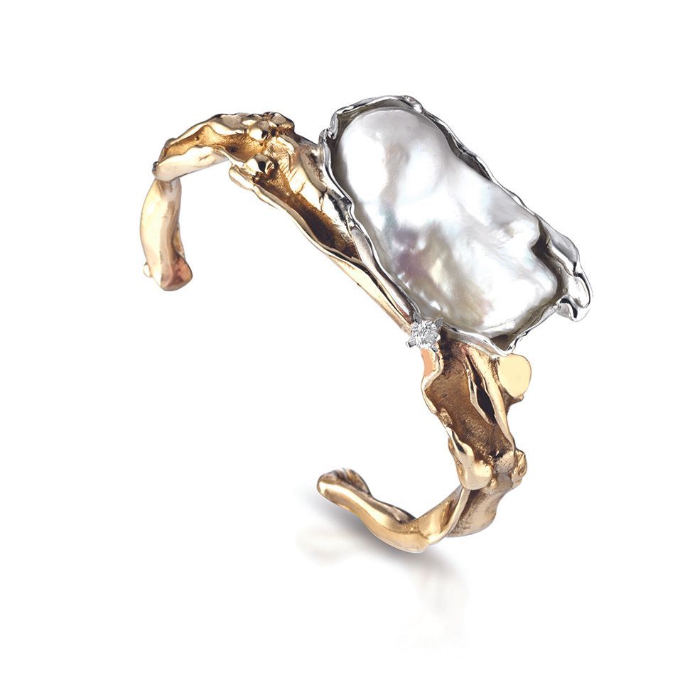 Bracciale in bronzo, argento, perla e topazio bianco