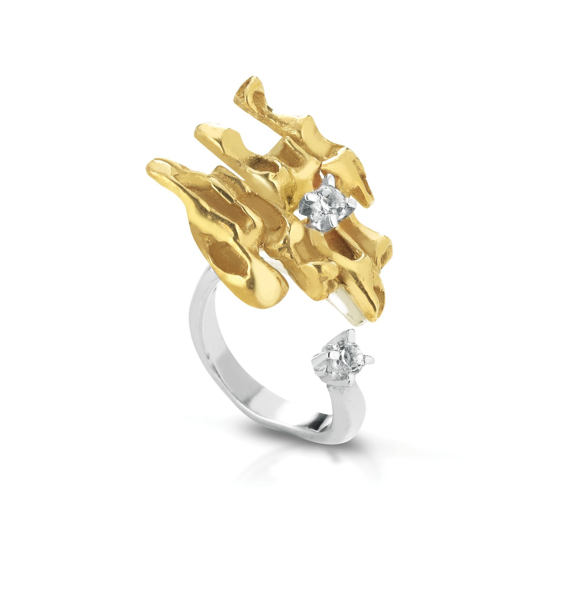 Anello in argento, bronzo e topazi bianchi