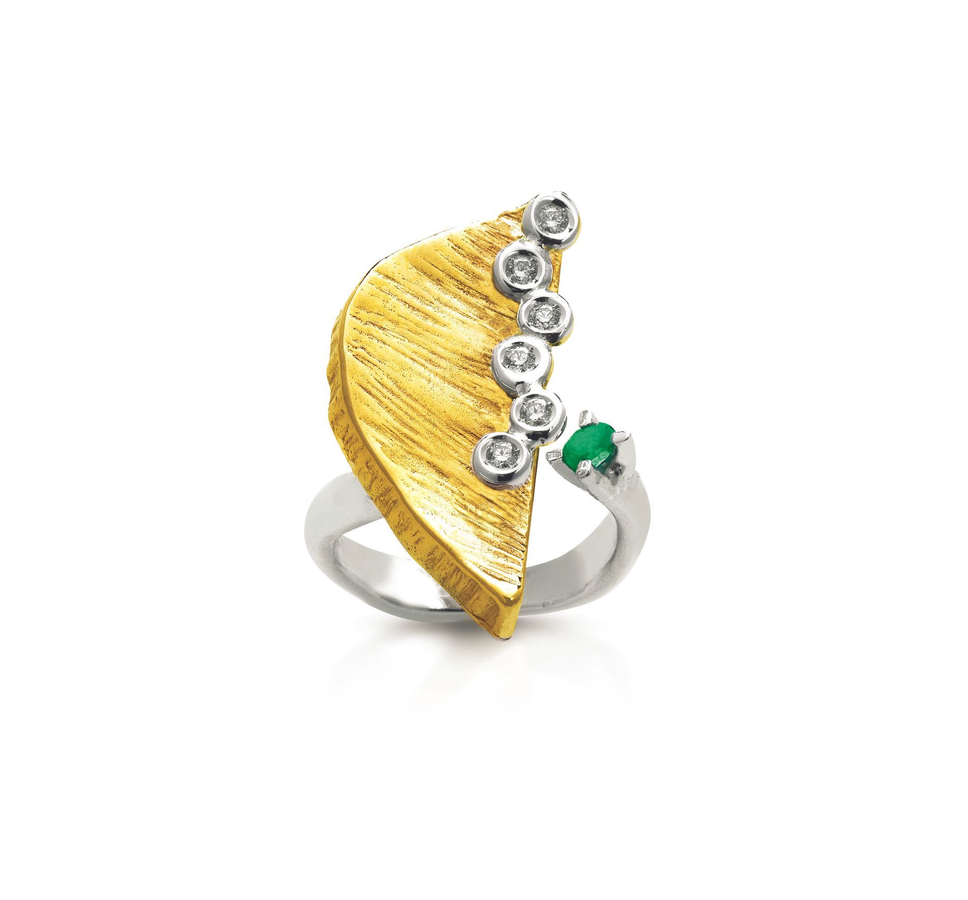 anello argento, bronzo, diamanti e smeraldo