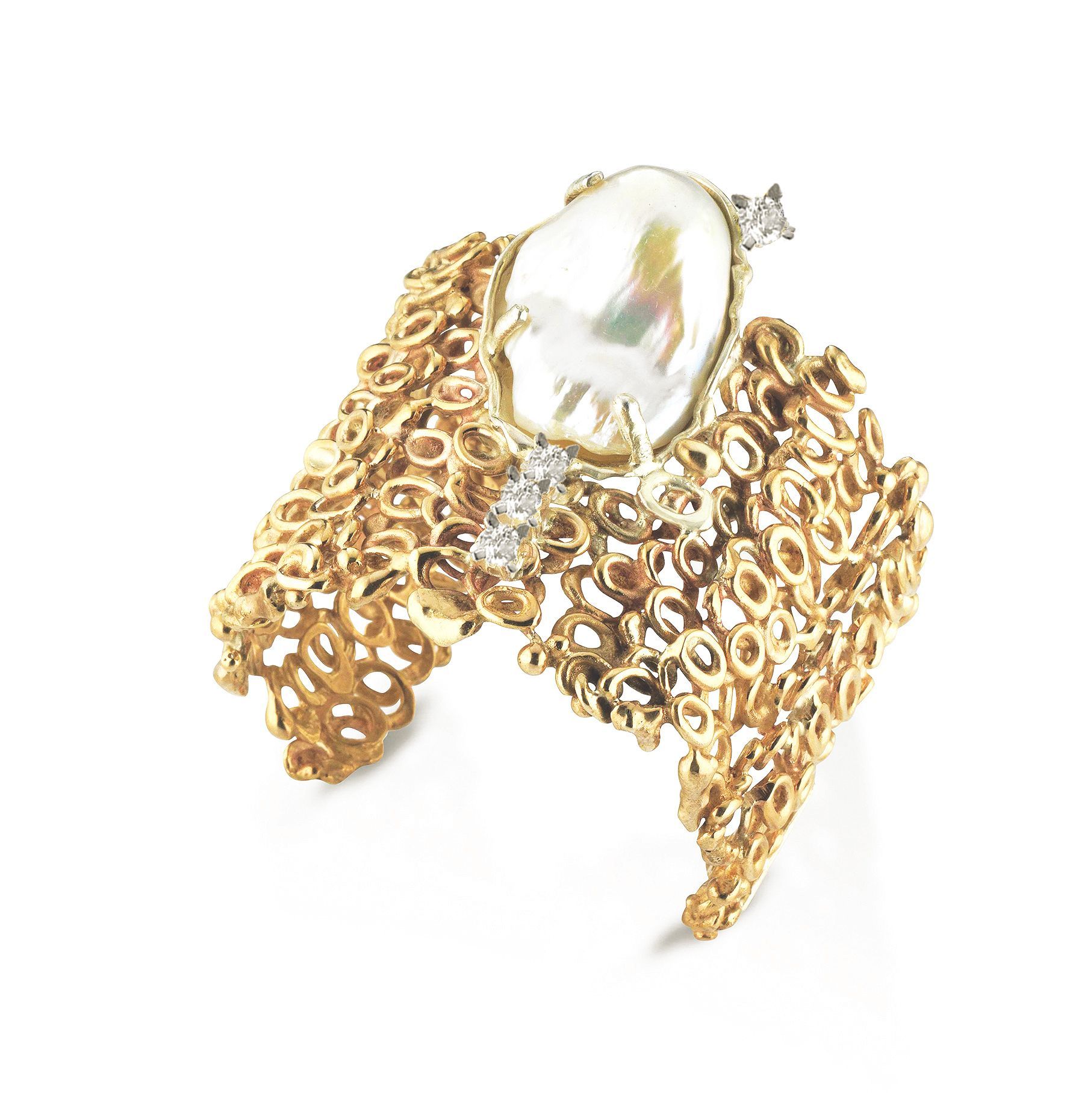 Bracciale in bronzo, argento, perla e topazi bianchi