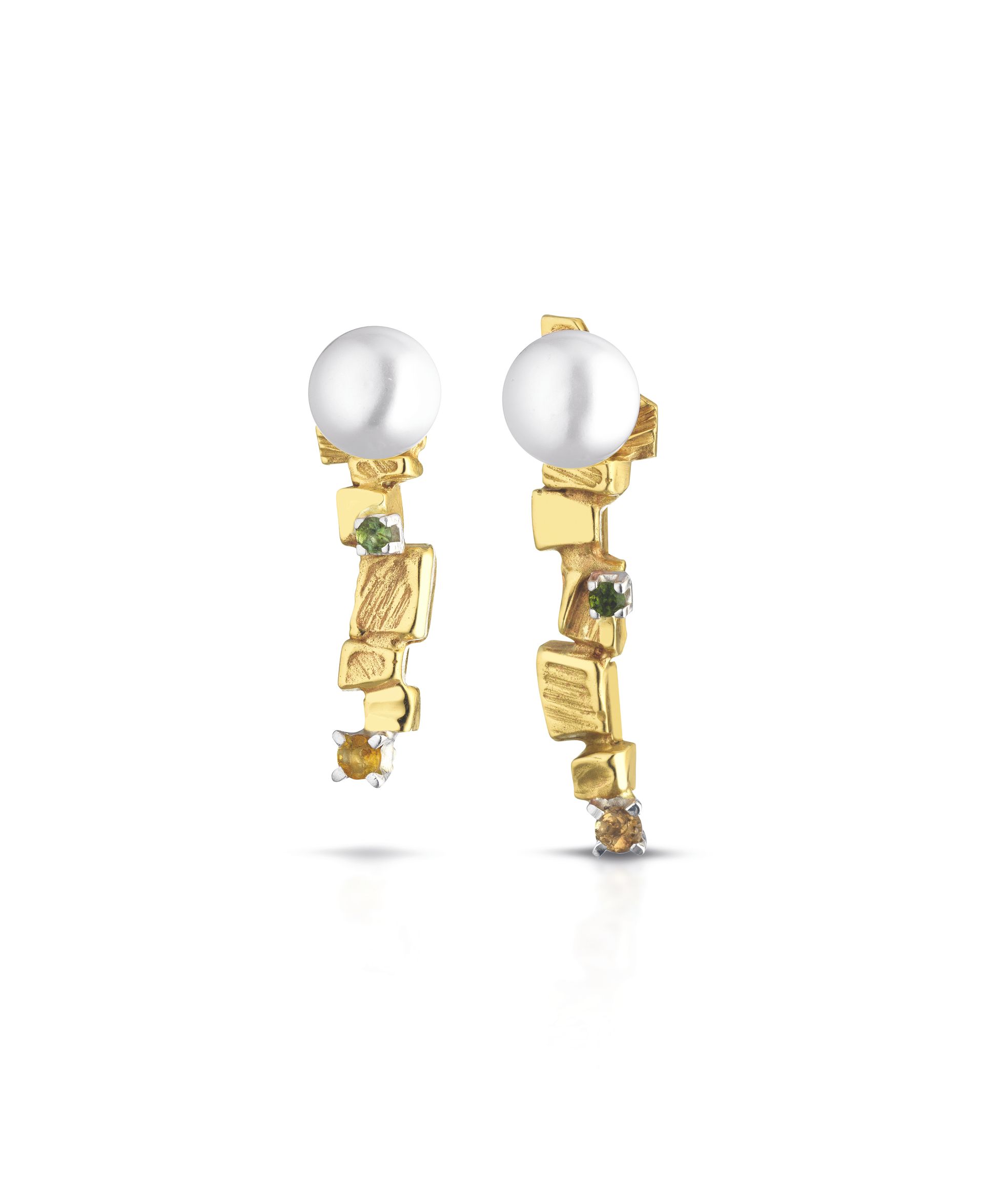 Orecchini in bronzo, argento, perla, citrini e tormaline