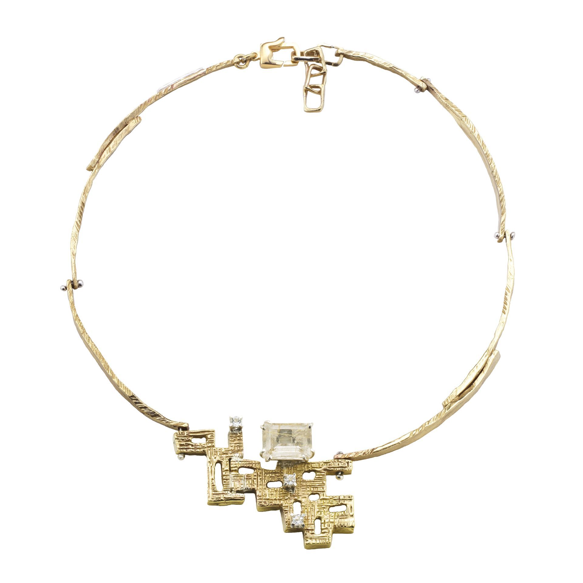 Collier in bronzo, argento, topazi e quarzo ialino