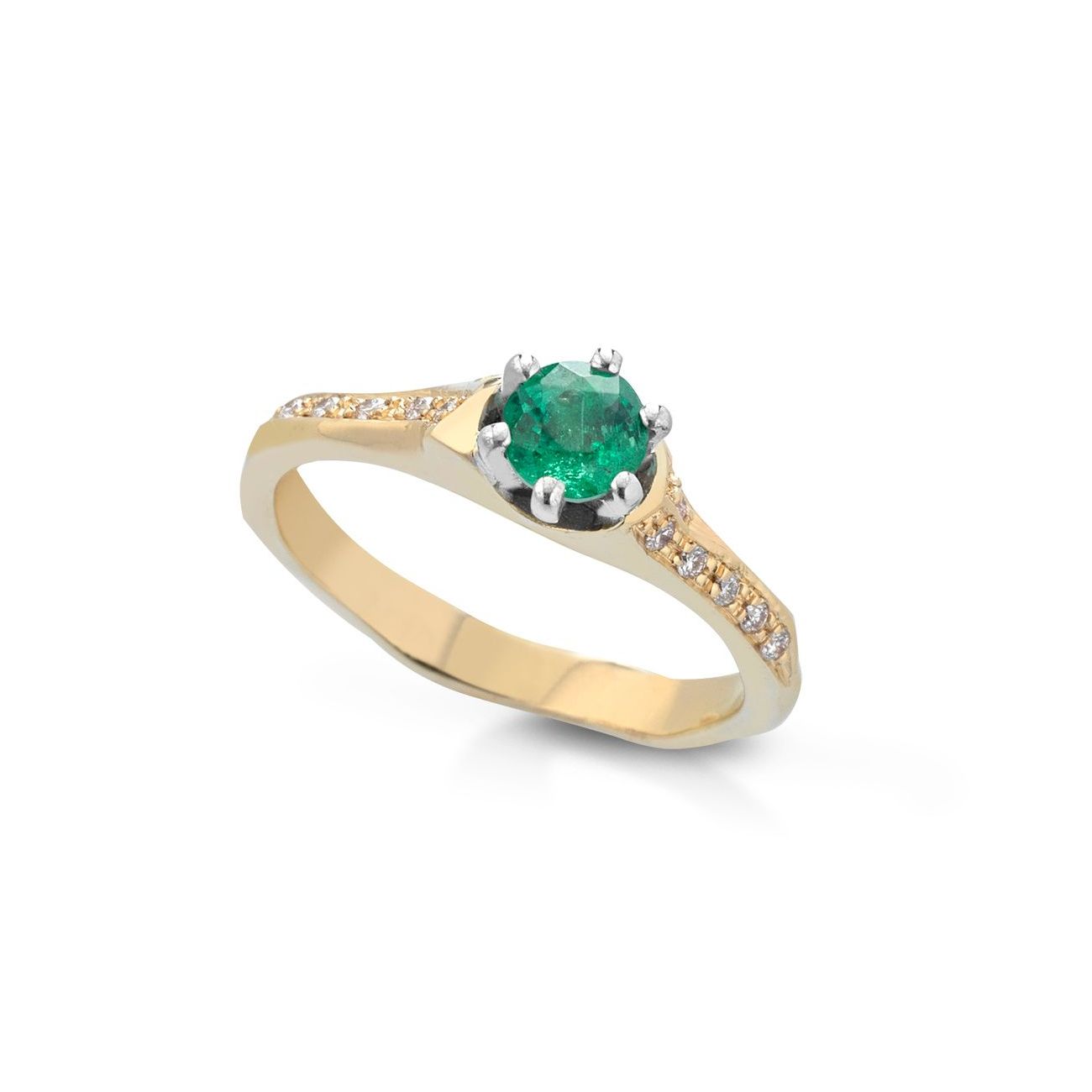 a yellow gold ring with an emerald and diamonds on a white background .