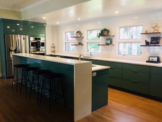 Green Modern Kitchen with Wooden Floor —Sunray Flooring Co. — North Charleston, SC