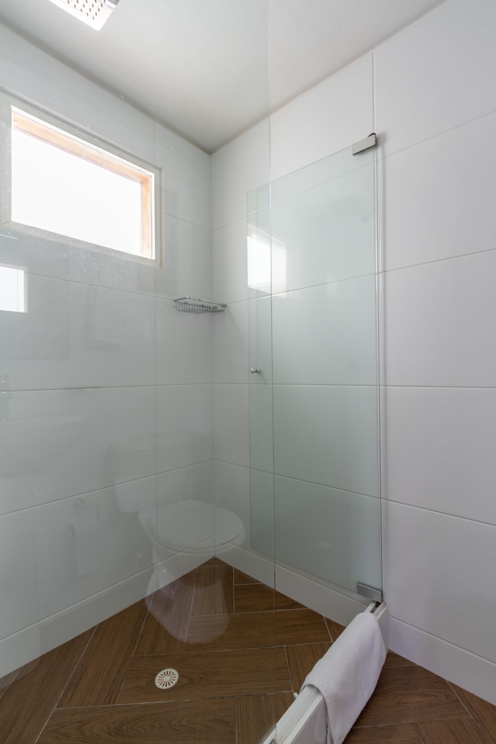 A bathroom with a walk in shower and a toilet.