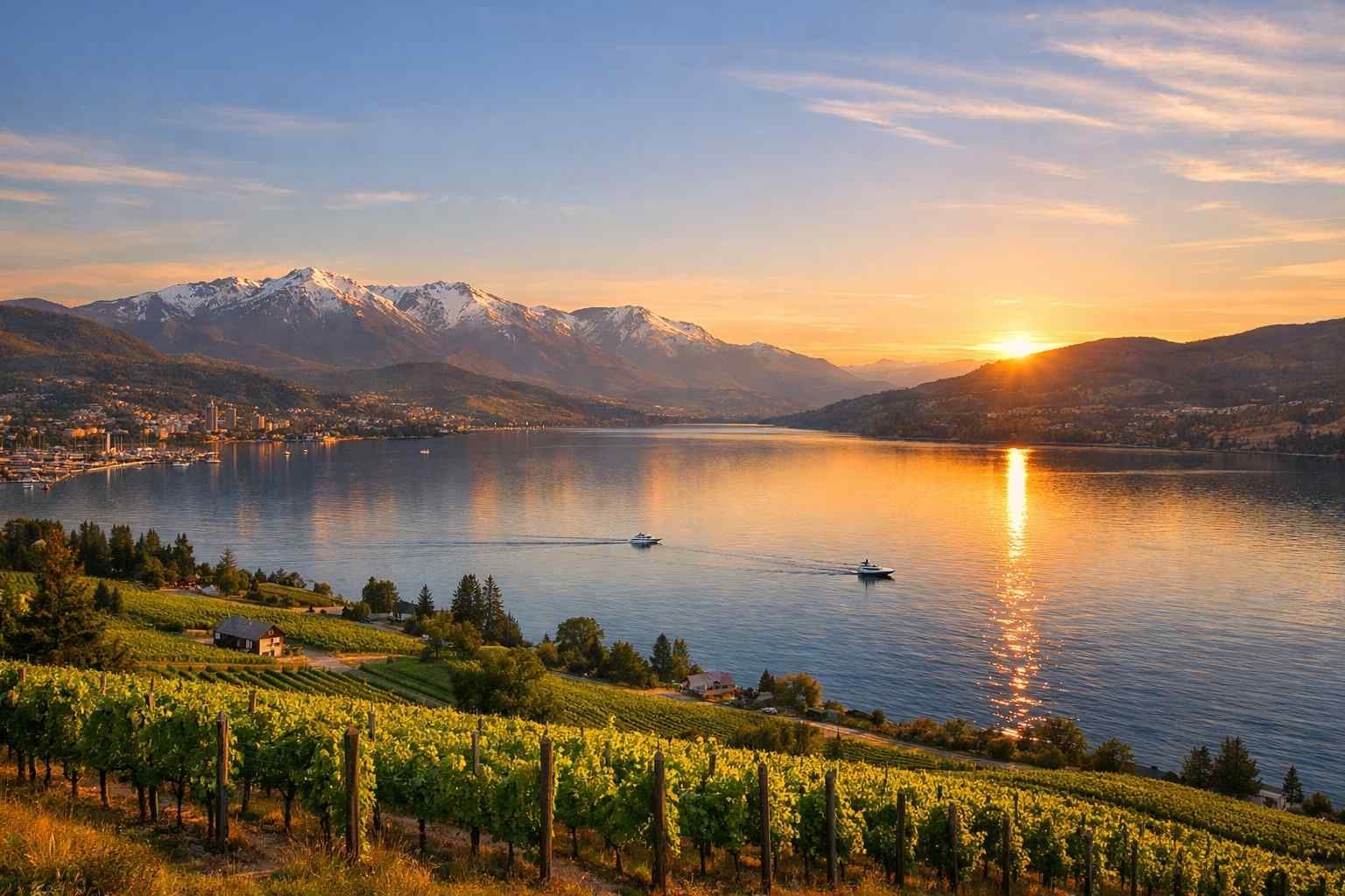 Sunlight reflects on a calm lake below snow-capped mountains, viewed from a hillside vineyard at sunset.